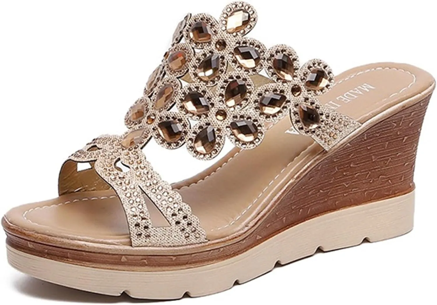 Rhinestone Peacock Patterned Handmade Sandals for Women's Crystal Platform Wedge Dress Slippers Fashion Open Toe Slip on Party Beach Shoe