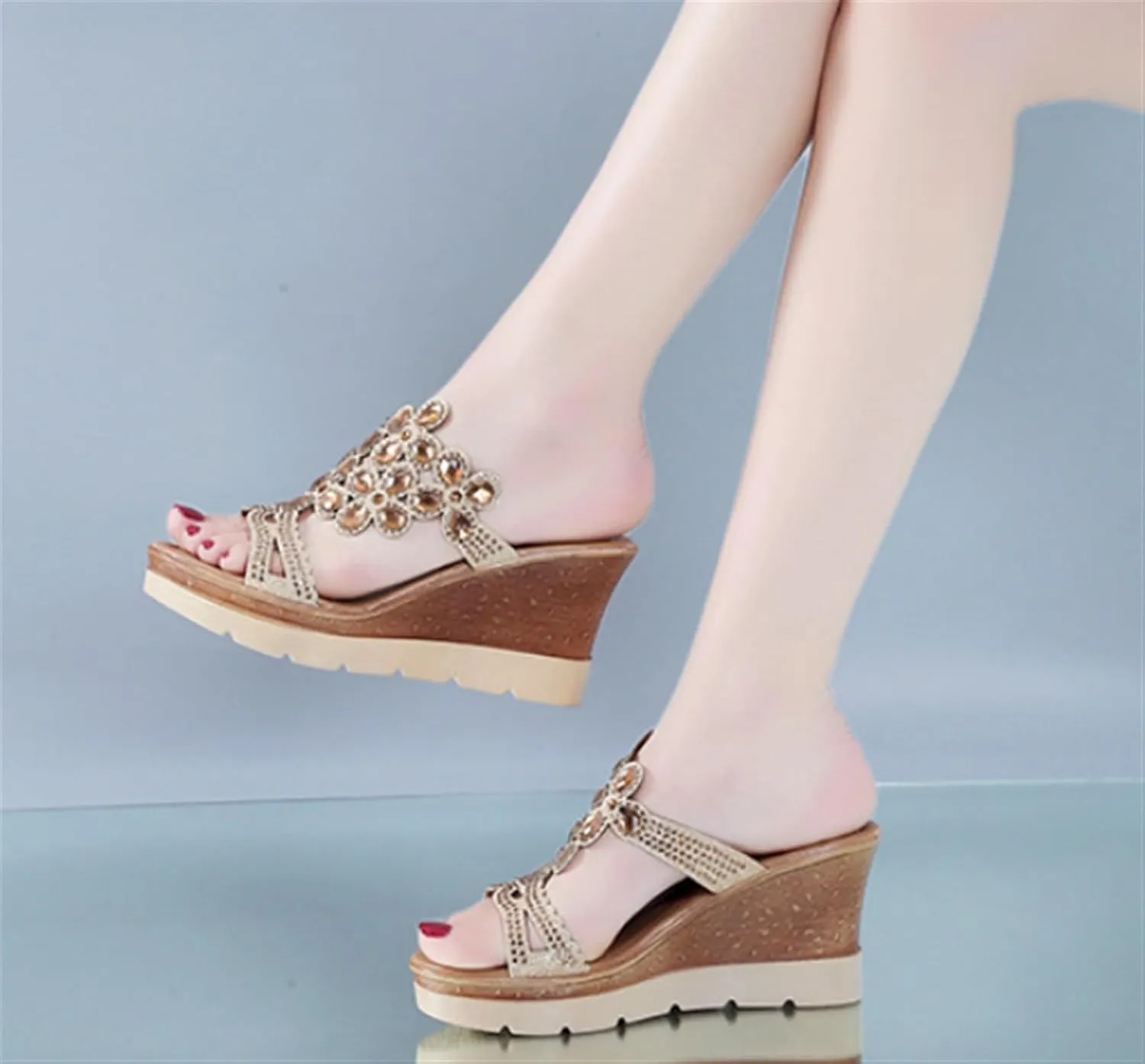 Rhinestone Peacock Patterned Handmade Sandals for Women's Crystal Platform Wedge Dress Slippers Fashion Open Toe Slip on Party Beach Shoe