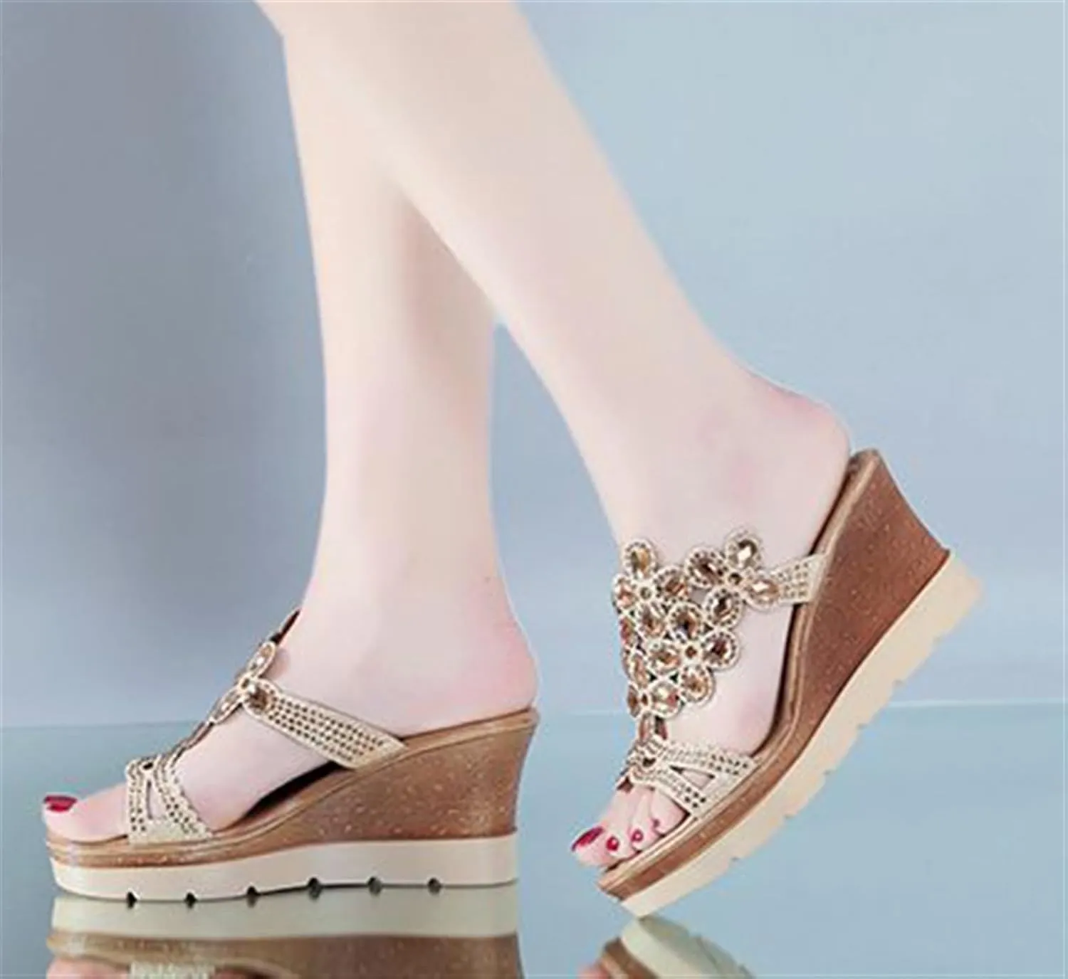 Rhinestone Peacock Patterned Handmade Sandals for Women's Crystal Platform Wedge Dress Slippers Fashion Open Toe Slip on Party Beach Shoe