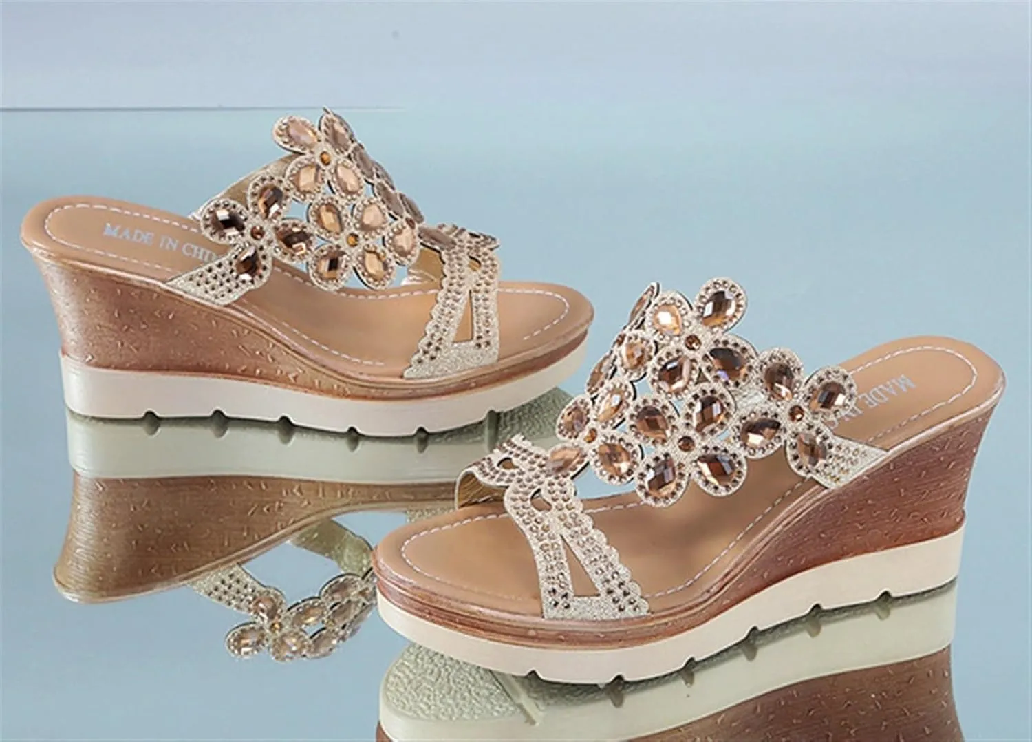 Rhinestone Peacock Patterned Handmade Sandals for Women's Crystal Platform Wedge Dress Slippers Fashion Open Toe Slip on Party Beach Shoe