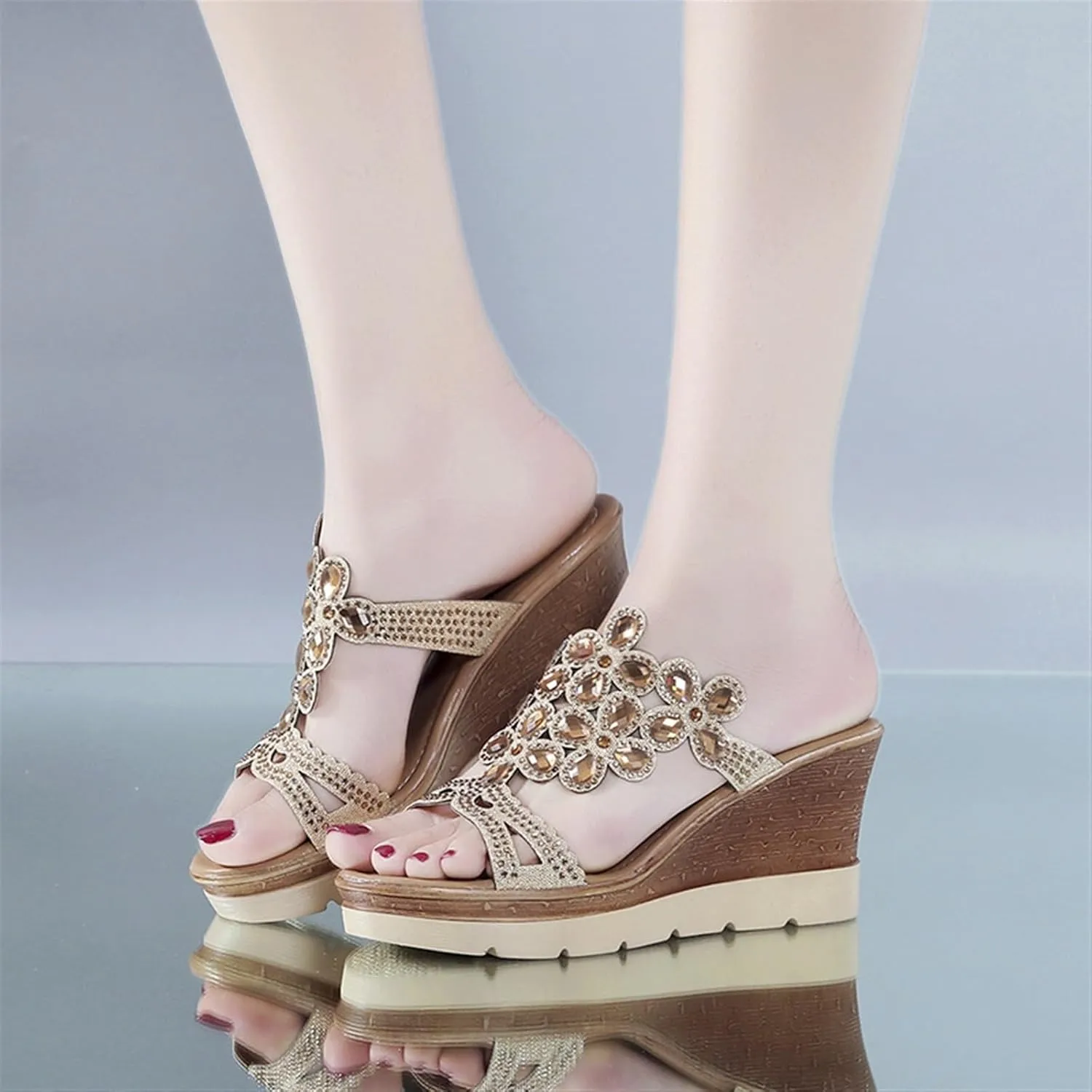 Rhinestone Peacock Patterned Handmade Sandals for Women's Crystal Platform Wedge Dress Slippers Fashion Open Toe Slip on Party Beach Shoe