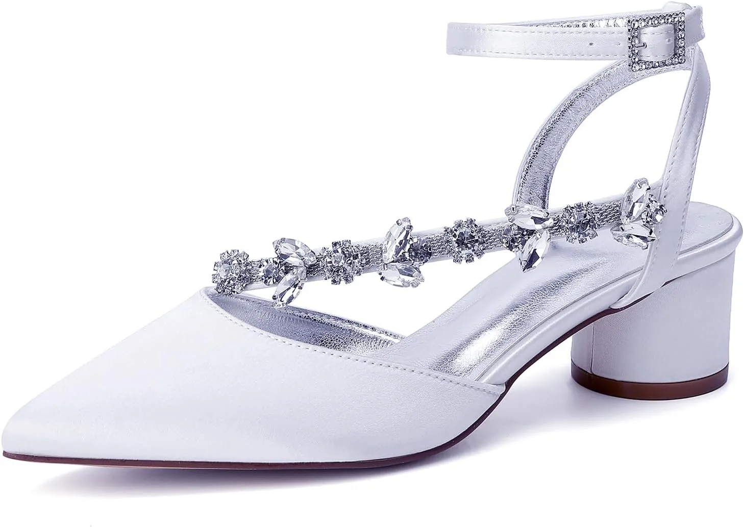Rhinestones Satin Strappy Wedding Shoes Pointed Toe Block Low Heel Bridal Shoes Women Party Sandals 4.5CM Closed Toe Ankle Strap Pumps for Prom,White,6