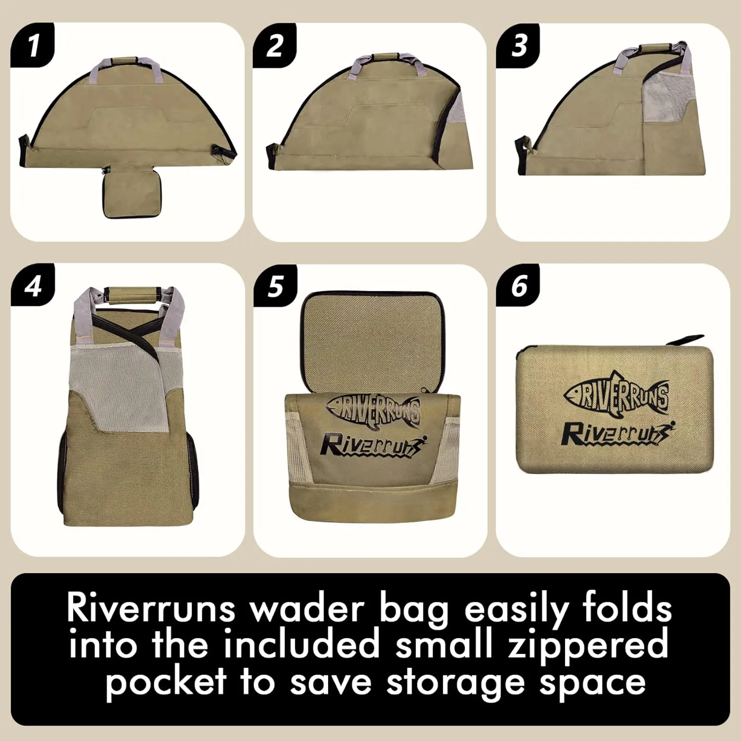 Riverruns Fishing Hunting Wader Bag with Vented Mesh, Foldable Waders Boots Bag, Fly Fishing Changing Pad & Bag for Fishing, Hiking, Camping (Khaki)