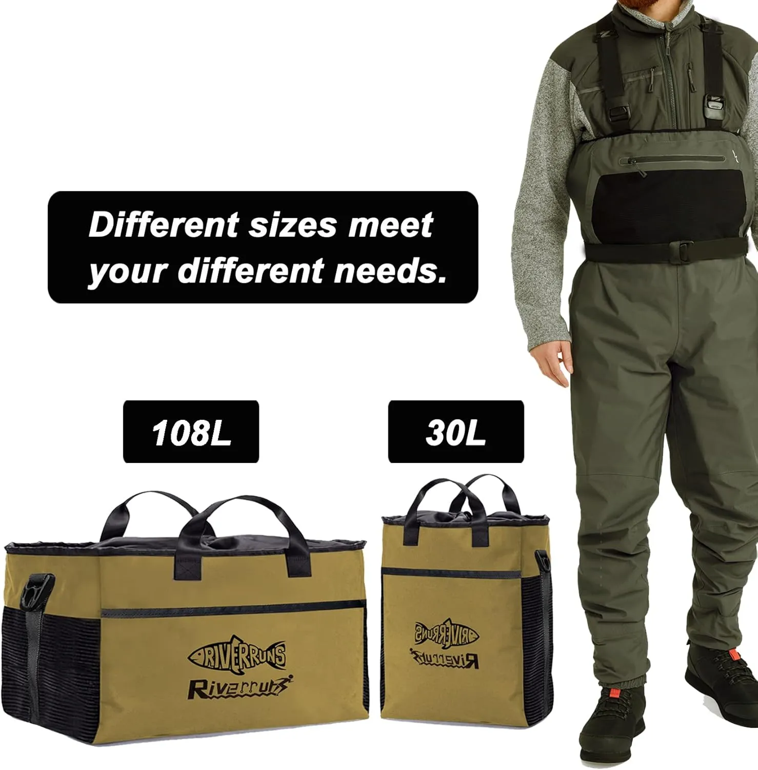 Riverruns Fishing Hunting Wader Bag with Vented Mesh, Waders Boots Bag, Fly Fishing Backpack for Fishing, Hiking, Camping