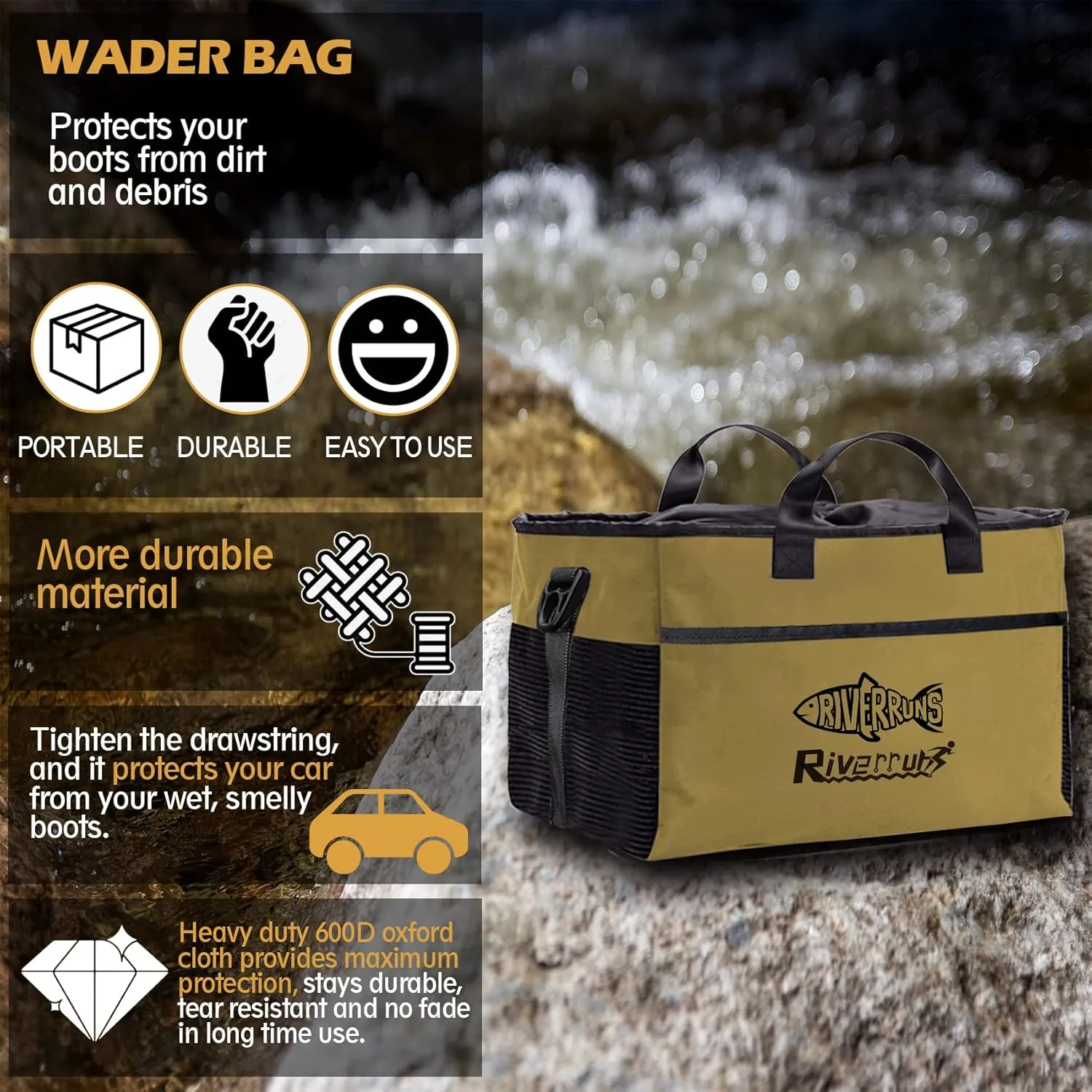 Riverruns Fishing Hunting Wader Bag with Vented Mesh, Waders Boots Bag, Fly Fishing Backpack for Fishing, Hiking, Camping