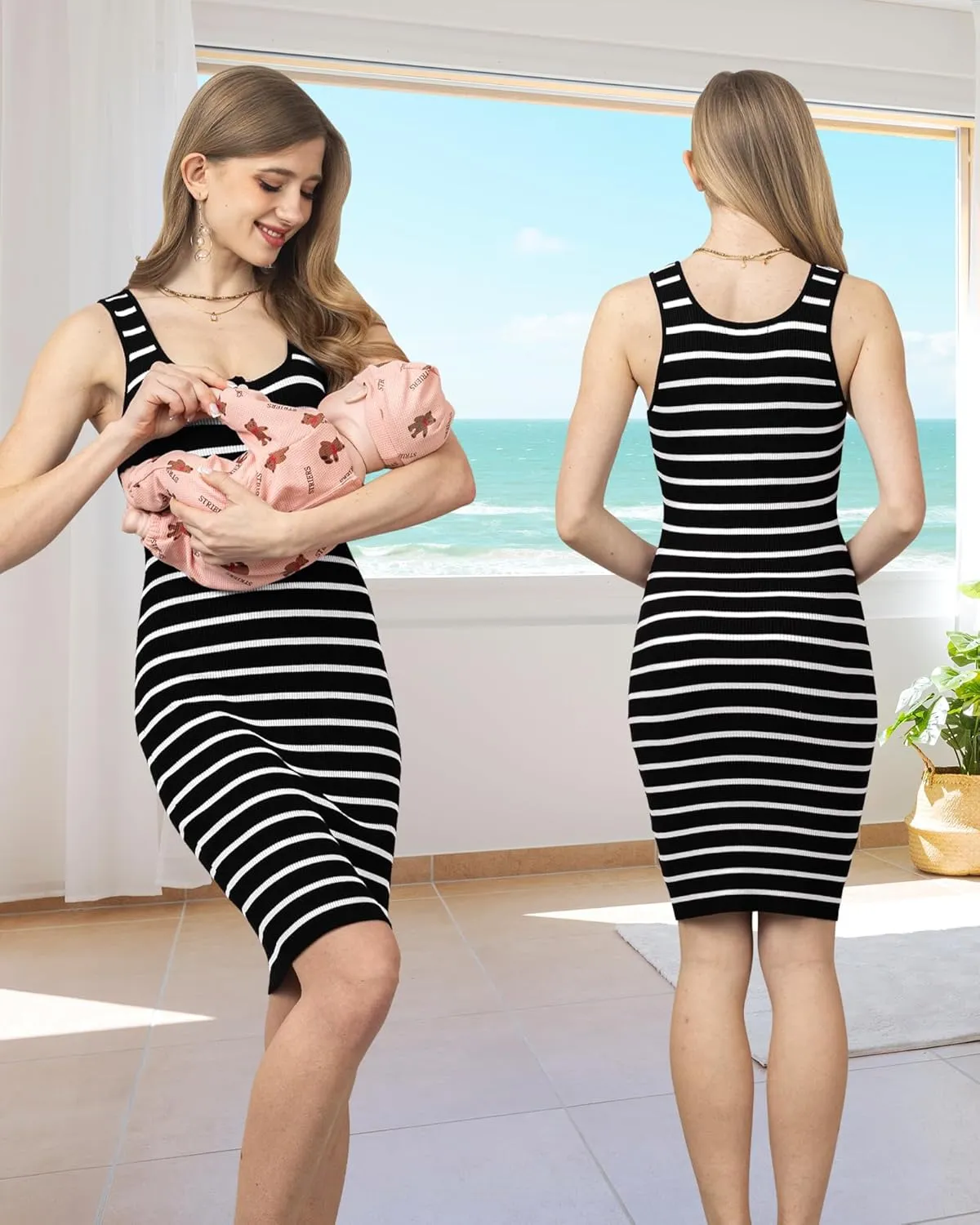 Rnxrbb Striped Button Maternity Dress Summer Bodycon Tank Pregnancy Dresses Sleeveless Clothes Ribbed Knit