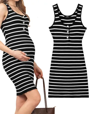 Rnxrbb Striped Button Maternity Dress Summer Bodycon Tank Pregnancy Dresses Sleeveless Clothes Ribbed Knit