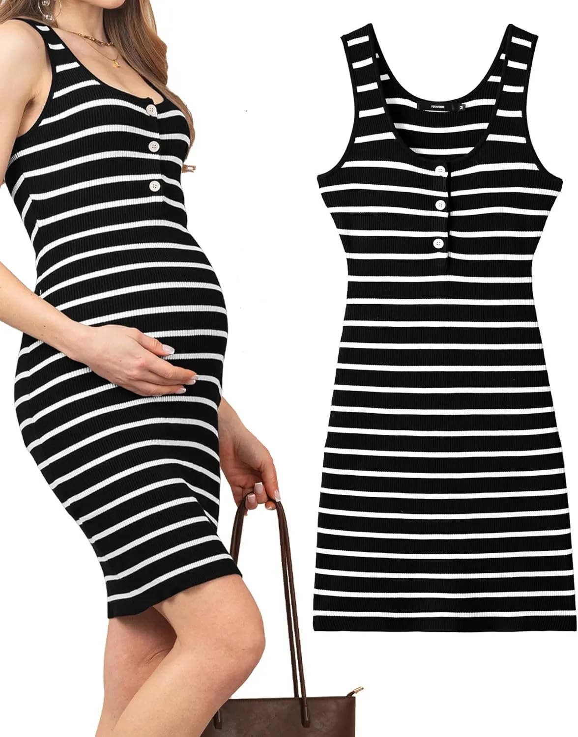 Rnxrbb Striped Button Maternity Dress Summer Bodycon Tank Pregnancy Dresses Sleeveless Clothes Ribbed Knit