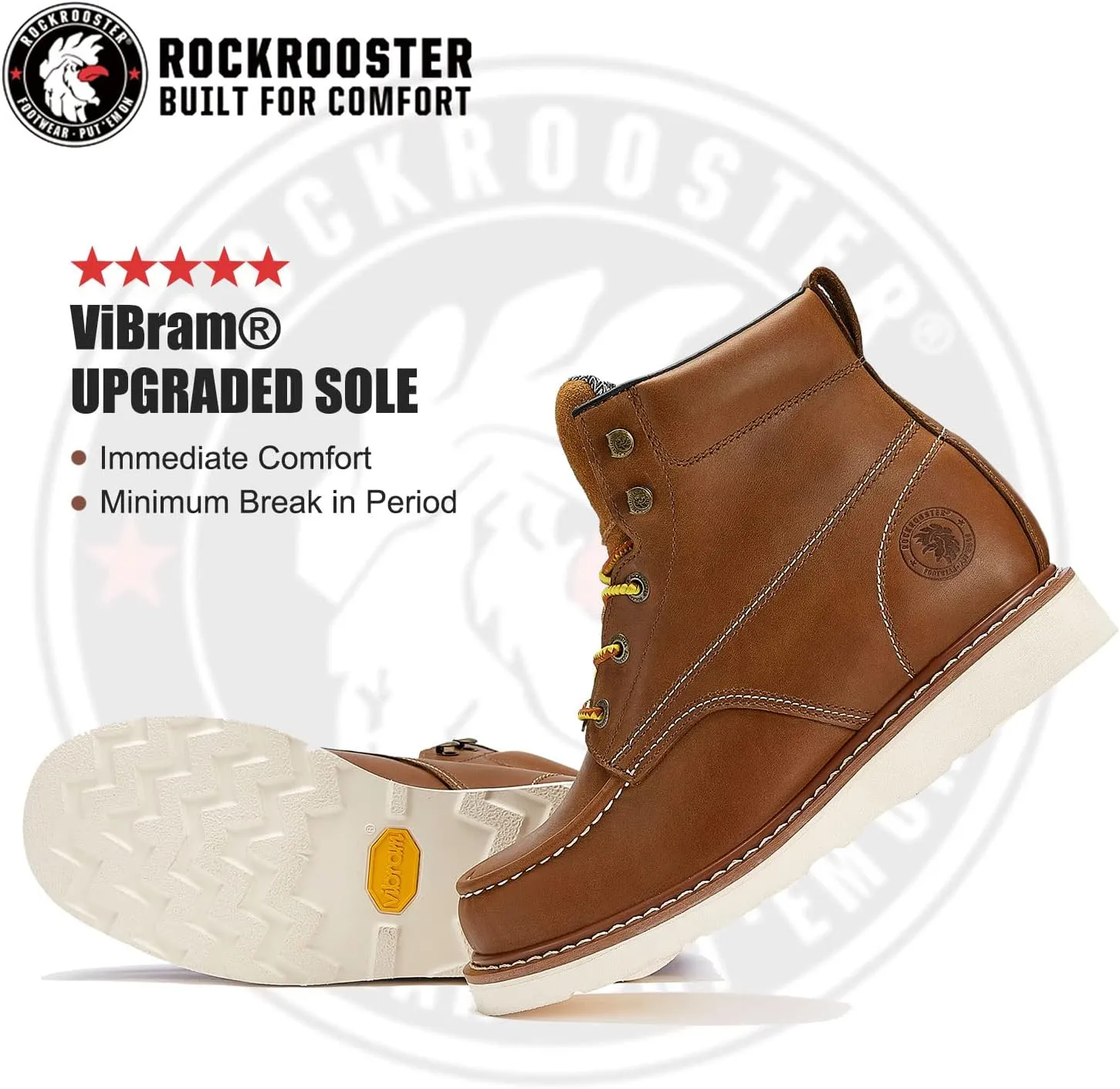 ROCKROOSTER Edgewood Men's Work Boots, 6" Soft Toe Comfortable Leather Boot, Upgraded Vibram Wedge Sole Boots, Arch Support Anti-Fatigue Shoes, Electric Hazard Safety Boots VAP838