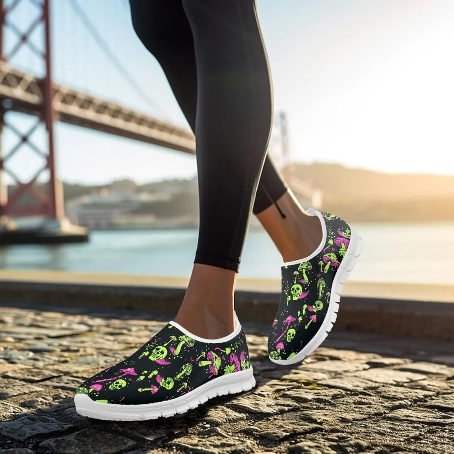 Rose Skull Print Women's Loafers Slip On Slip Shoe Casual Walking Shoes Non Slip Work Shoes Mesh Athletic Sneakers