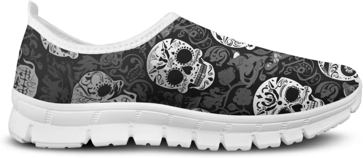 Rose Skull Print Women's Loafers Slip On Slip Shoe Casual Walking Shoes Non Slip Work Shoes Mesh Athletic Sneakers