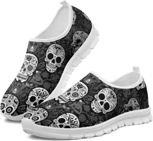 Rose Skull Print Women's Loafers Slip On Slip Shoe Casual Walking Shoes Non Slip Work Shoes Mesh Athletic Sneakers