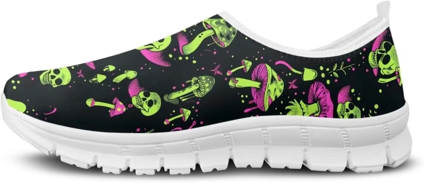 Rose Skull Print Women's Loafers Slip On Slip Shoe Casual Walking Shoes Non Slip Work Shoes Mesh Athletic Sneakers