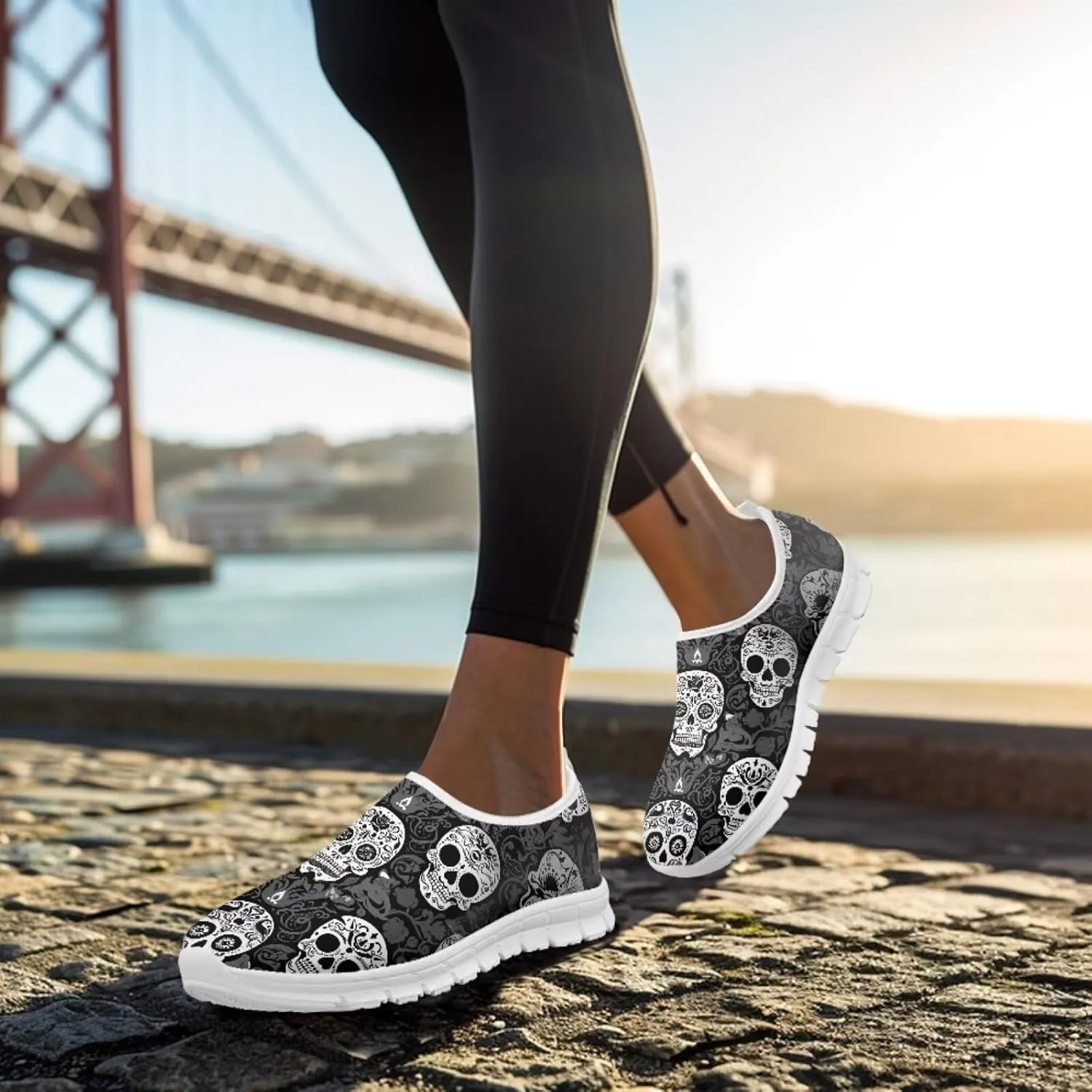 Rose Skull Print Women's Loafers Slip On Slip Shoe Casual Walking Shoes Non Slip Work Shoes Mesh Athletic Sneakers