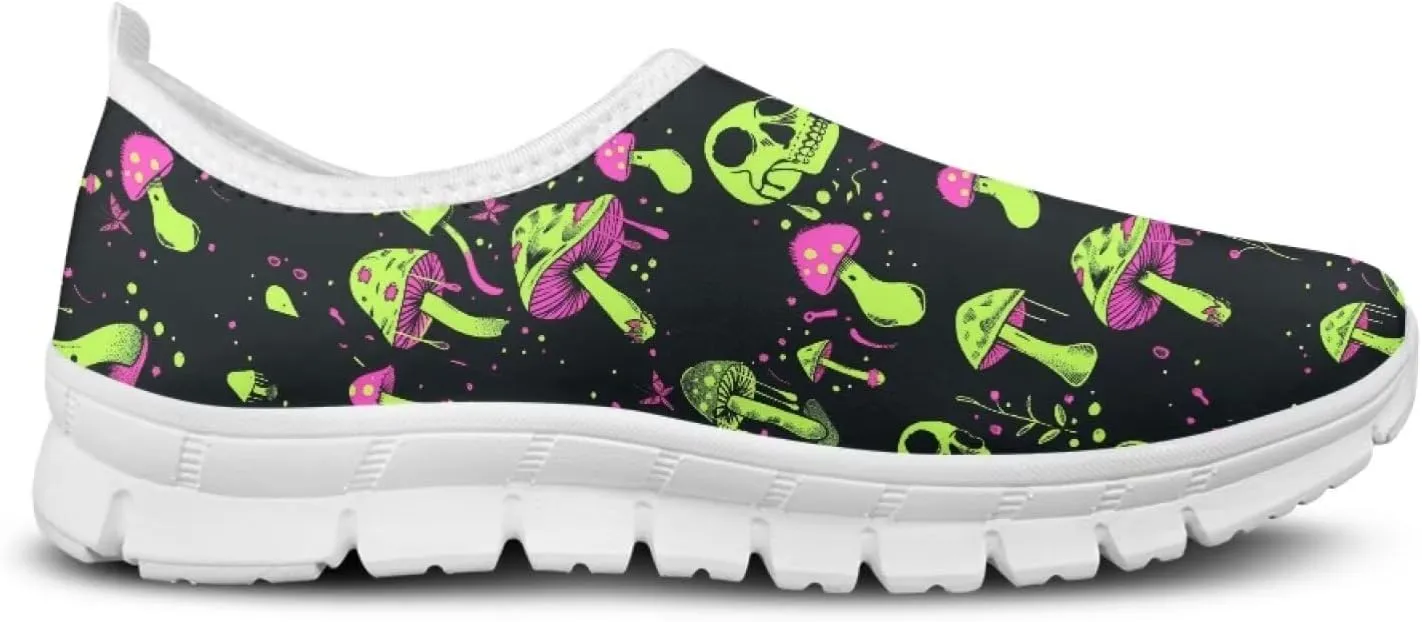 Rose Skull Print Women's Loafers Slip On Slip Shoe Casual Walking Shoes Non Slip Work Shoes Mesh Athletic Sneakers