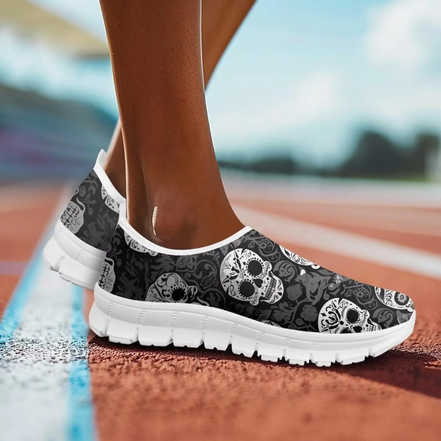 Rose Skull Print Women's Loafers Slip On Slip Shoe Casual Walking Shoes Non Slip Work Shoes Mesh Athletic Sneakers