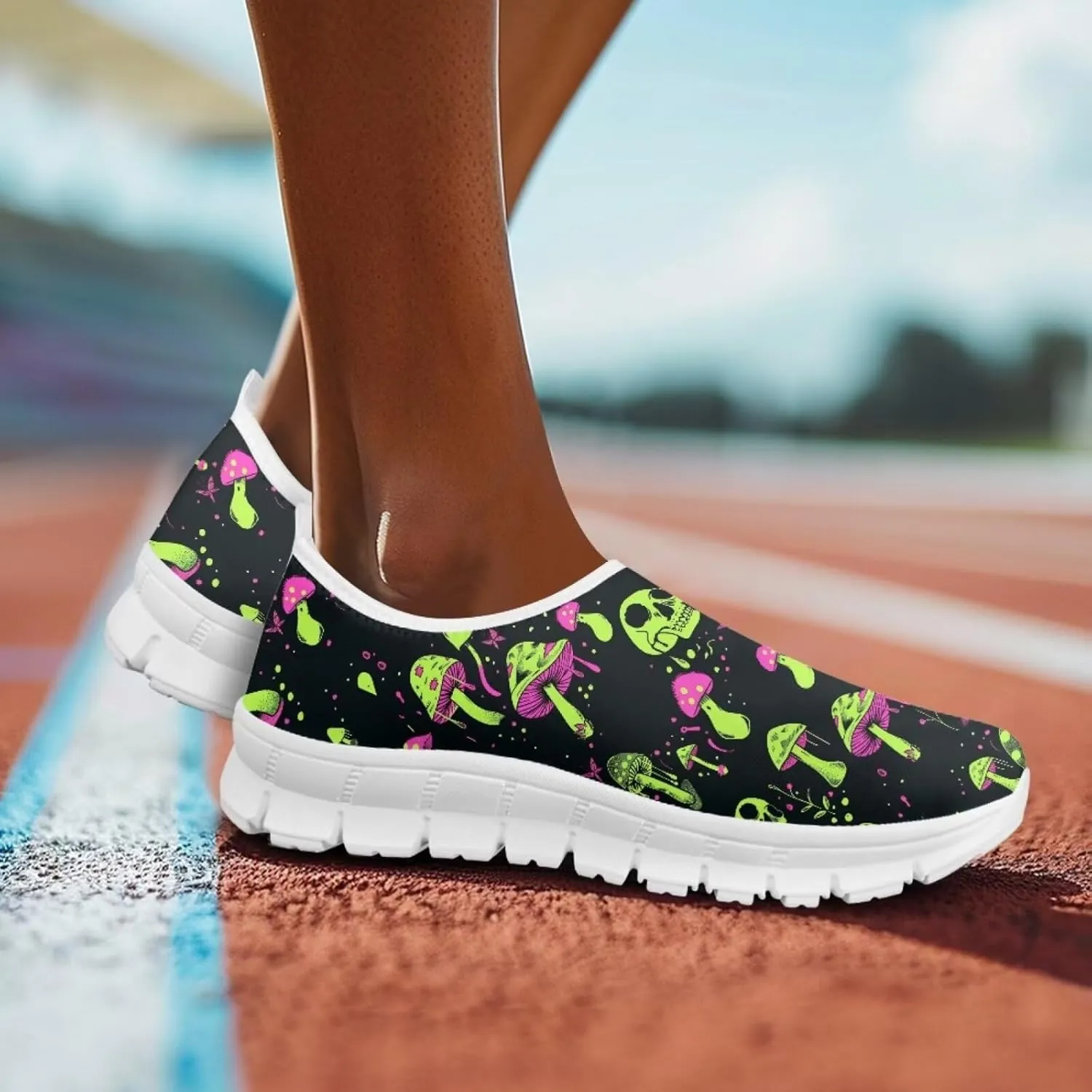 Rose Skull Print Women's Loafers Slip On Slip Shoe Casual Walking Shoes Non Slip Work Shoes Mesh Athletic Sneakers