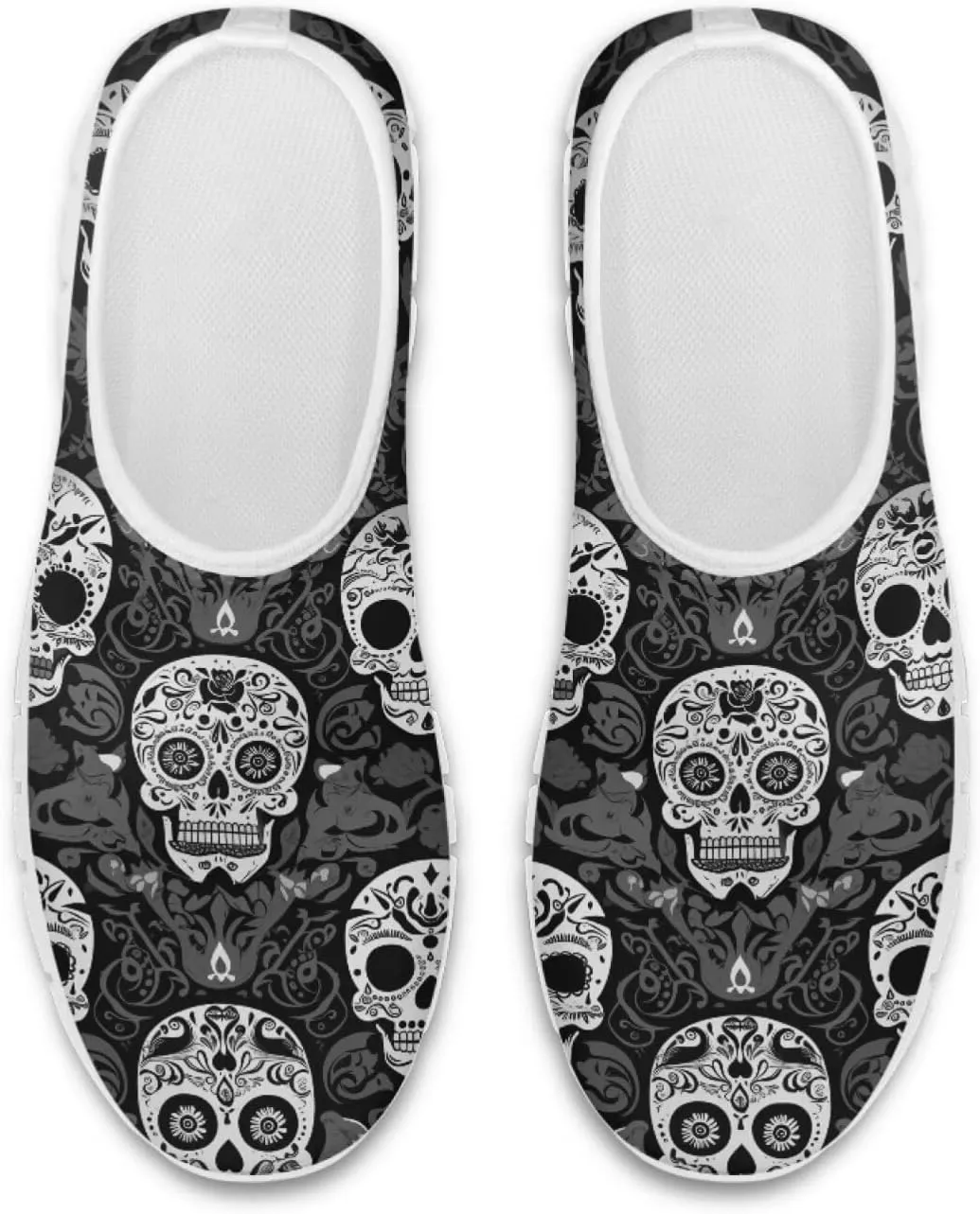 Rose Skull Print Women's Loafers Slip On Slip Shoe Casual Walking Shoes Non Slip Work Shoes Mesh Athletic Sneakers
