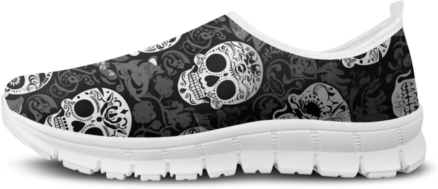 Rose Skull Print Women's Loafers Slip On Slip Shoe Casual Walking Shoes Non Slip Work Shoes Mesh Athletic Sneakers