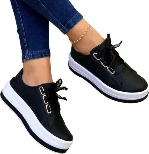 Round Toe Wedges Sneakers for Women's Classic Low Cut Lace Up Platform Walking Dress Shoes Fashion Orthotic Lightweight Breathable Flat Loafers (Color : Black, Size : 6 US)