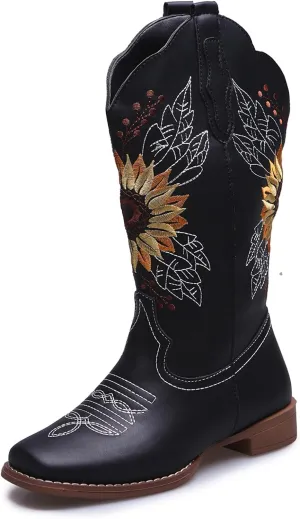 SACFOF Cowboy Boots for Women Sunflower Boots Square Toe Mid Calf Western Embroidery Stitched Low Heel Western Cowgirl Boots