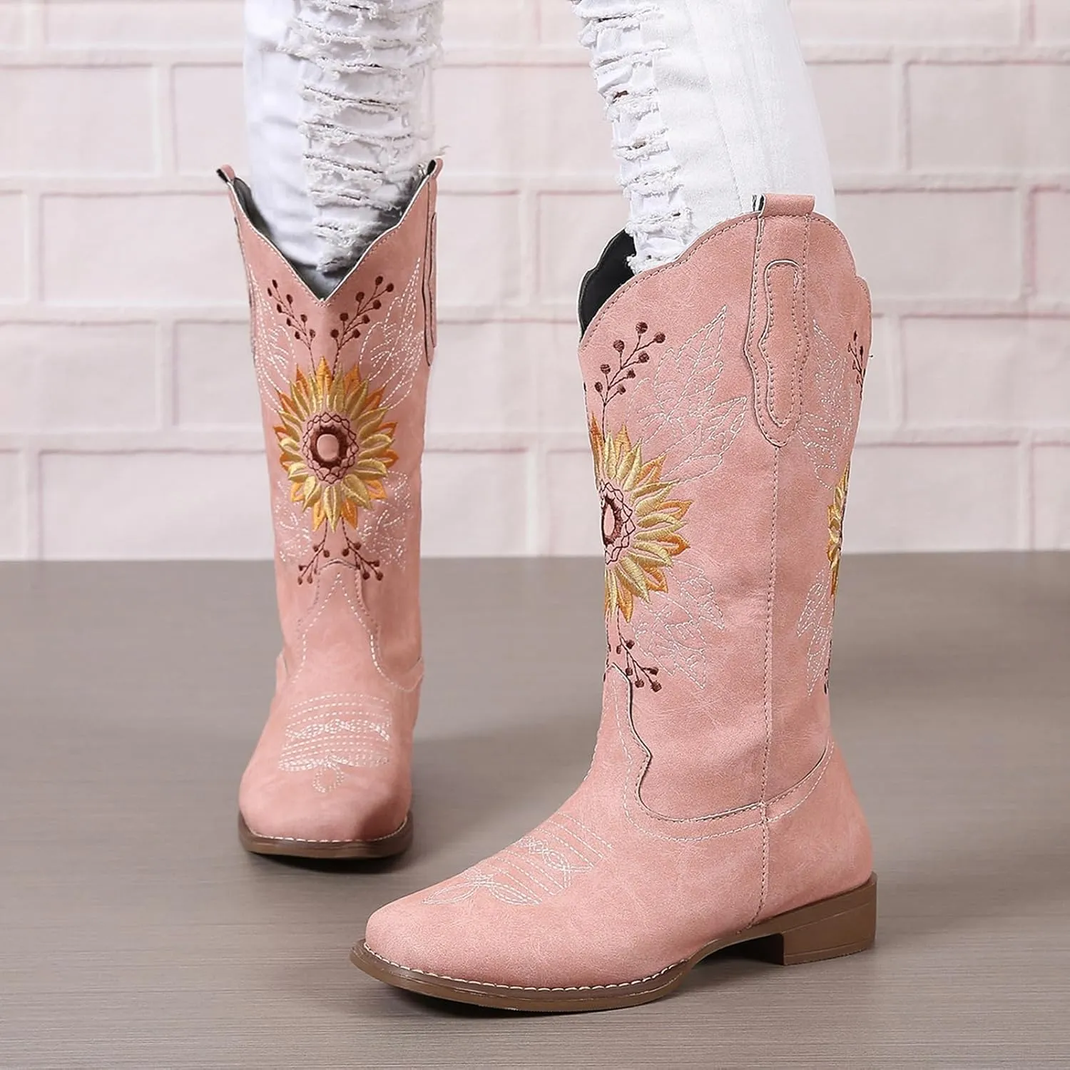 SACFOF Cowboy Boots for Women Sunflower Boots Square Toe Mid Calf Western Embroidery Stitched Low Heel Western Cowgirl Boots