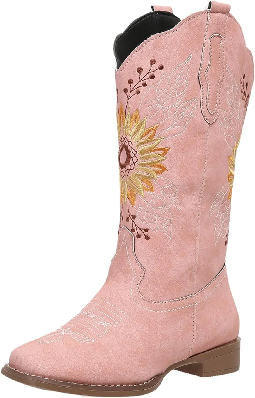 SACFOF Cowboy Boots for Women Sunflower Boots Square Toe Mid Calf Western Embroidery Stitched Low Heel Western Cowgirl Boots