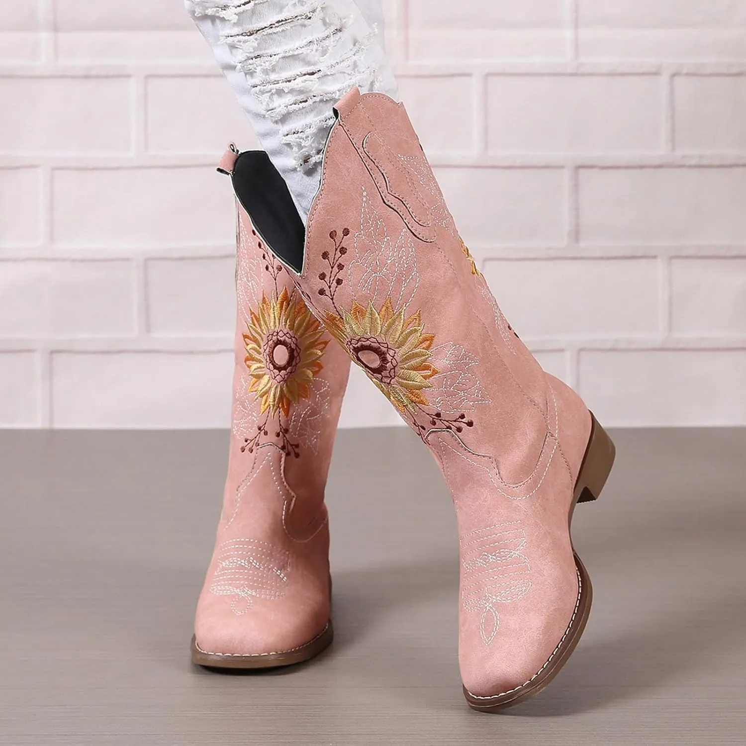 SACFOF Cowboy Boots for Women Sunflower Boots Square Toe Mid Calf Western Embroidery Stitched Low Heel Western Cowgirl Boots