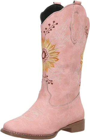 SACFOF Cowboy Boots for Women Sunflower Boots Square Toe Mid Calf Western Embroidery Stitched Low Heel Western Cowgirl Boots