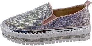 SACFOF Women Rhinestone Platform Loafers Glitter Fashion Slip-On Sparkle Bling Sequin Sneakers Casual Walking Flat Shoes