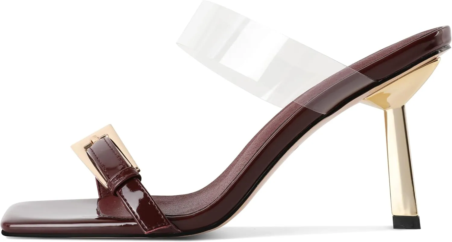 SAMMITOP Womens Heeled Sandals Strappy Square Toe Mules Gold Buckle Stiletto High Heels Clear Strap Slip On Summer Dress Shoes 3.5 Inches