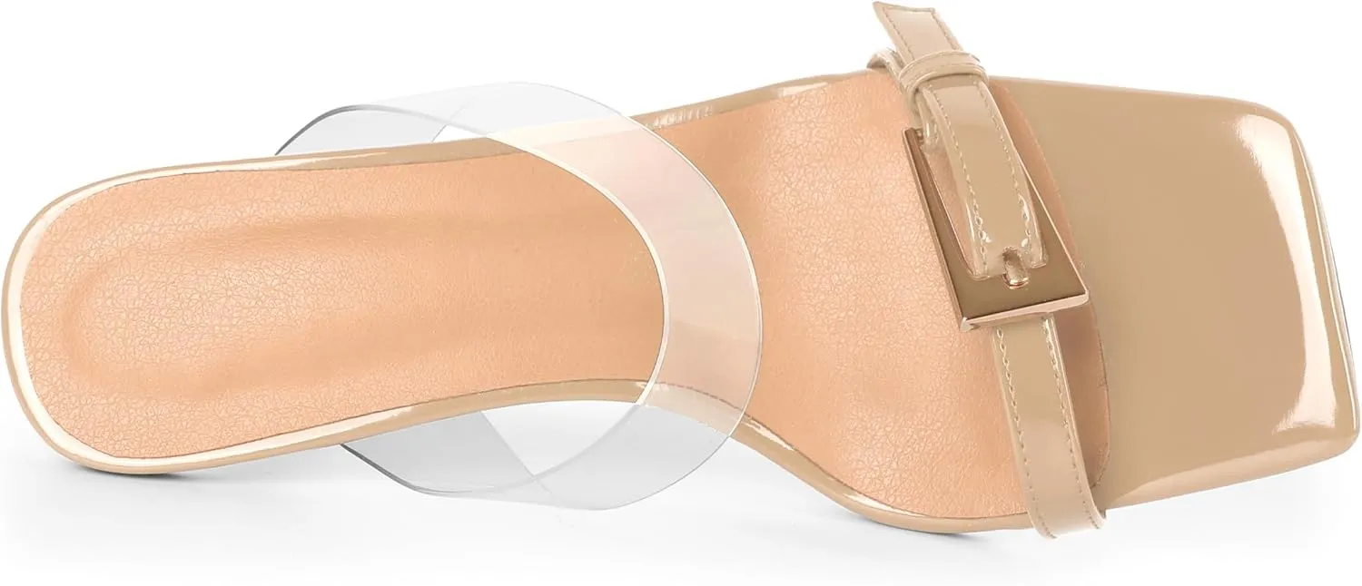 SAMMITOP Womens Heeled Sandals Strappy Square Toe Mules Gold Buckle Stiletto High Heels Clear Strap Slip On Summer Dress Shoes 3.5 Inches