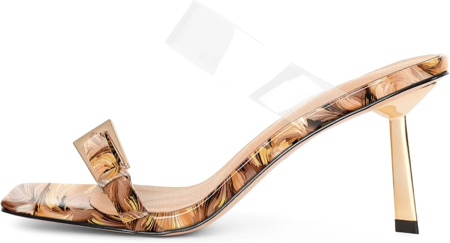 SAMMITOP Womens Heeled Sandals Strappy Square Toe Mules Gold Buckle Stiletto High Heels Clear Strap Slip On Summer Dress Shoes 3.5 Inches