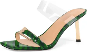 SAMMITOP Womens Heeled Sandals Strappy Square Toe Mules Gold Buckle Stiletto High Heels Clear Strap Slip On Summer Dress Shoes 3.5 Inches