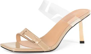 SAMMITOP Womens Heeled Sandals Strappy Square Toe Mules Gold Buckle Stiletto High Heels Clear Strap Slip On Summer Dress Shoes 3.5 Inches