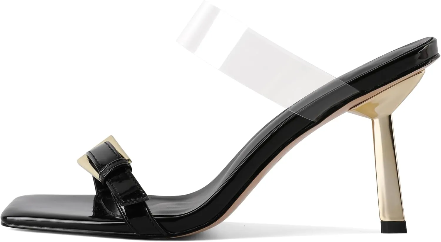 SAMMITOP Womens Heeled Sandals Strappy Square Toe Mules Gold Buckle Stiletto High Heels Clear Strap Slip On Summer Dress Shoes 3.5 Inches