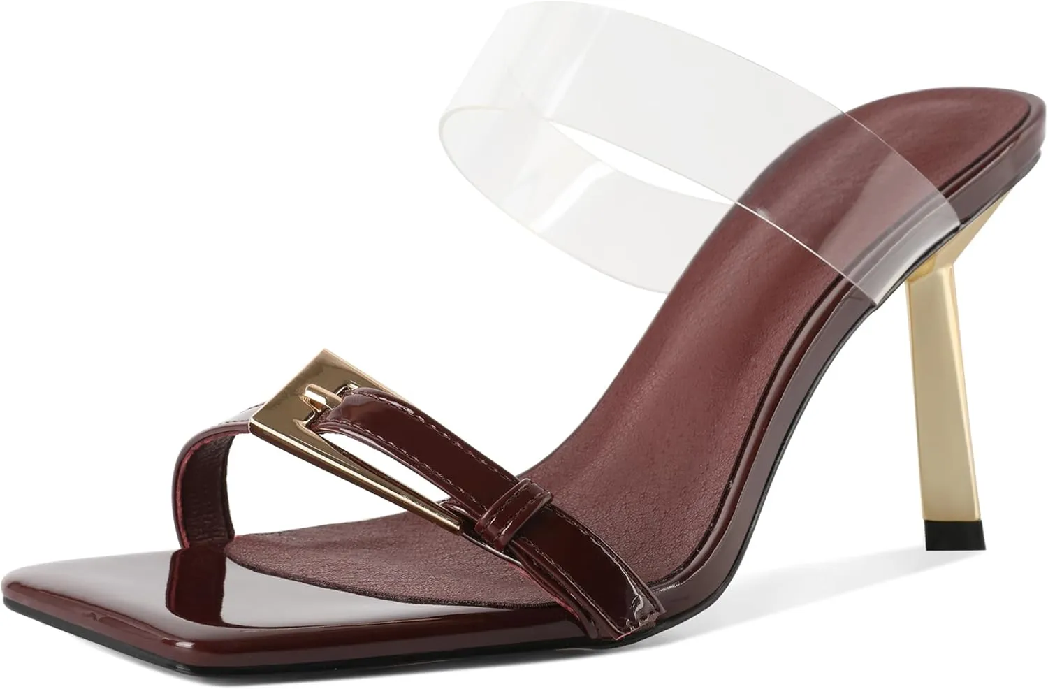 SAMMITOP Womens Heeled Sandals Strappy Square Toe Mules Gold Buckle Stiletto High Heels Clear Strap Slip On Summer Dress Shoes 3.5 Inches