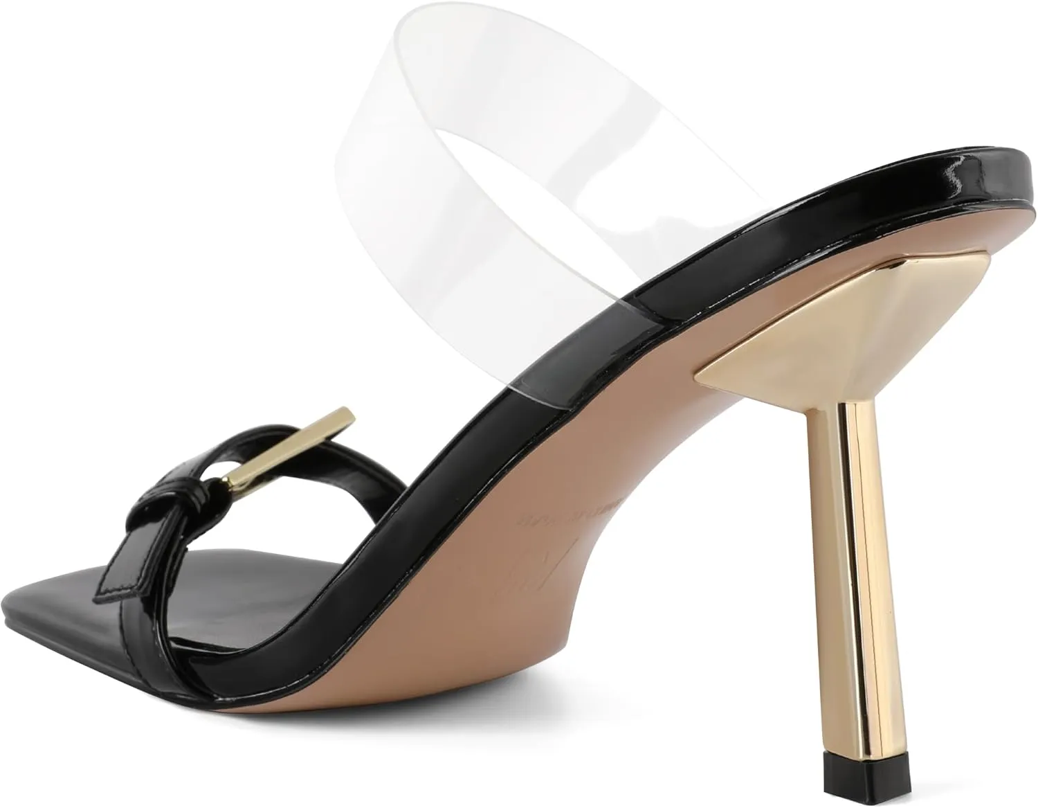SAMMITOP Womens Heeled Sandals Strappy Square Toe Mules Gold Buckle Stiletto High Heels Clear Strap Slip On Summer Dress Shoes 3.5 Inches
