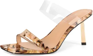 SAMMITOP Womens Heeled Sandals Strappy Square Toe Mules Gold Buckle Stiletto High Heels Clear Strap Slip On Summer Dress Shoes 3.5 Inches