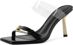 SAMMITOP Womens Heeled Sandals Strappy Square Toe Mules Gold Buckle Stiletto High Heels Clear Strap Slip On Summer Dress Shoes 3.5 Inches