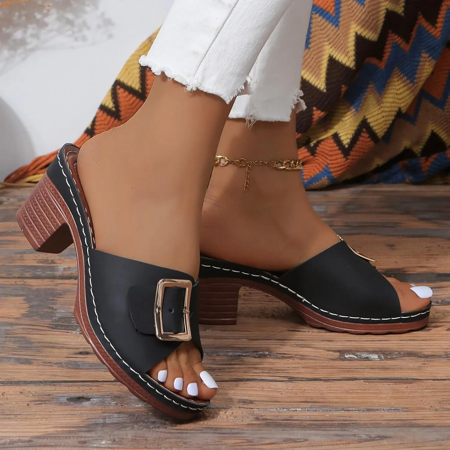Sandals for Women 2025 Chunky Platform Mules Sandals Slip on Block Heels Square Toe High Heeled Dress Shoes