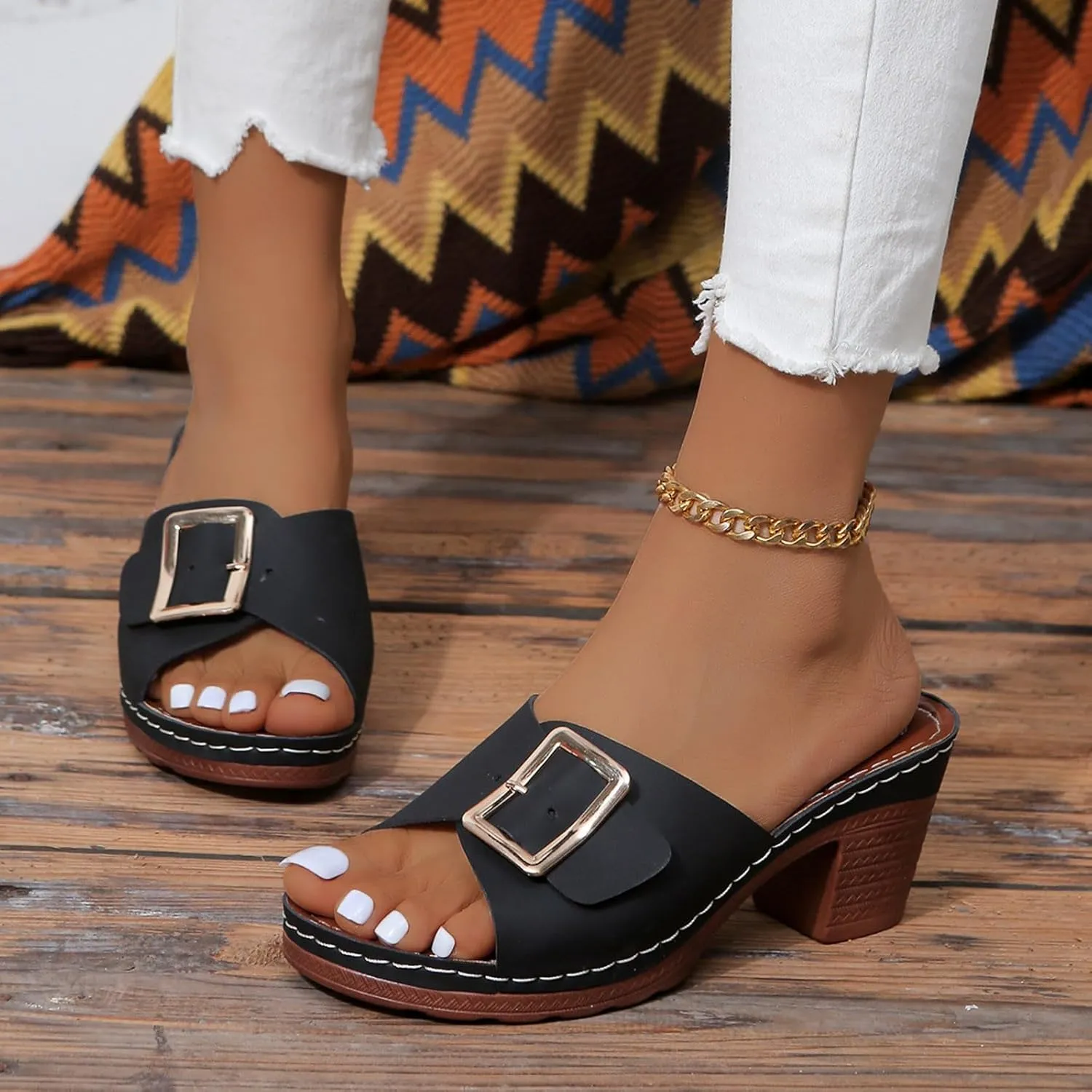 Sandals for Women 2025 Chunky Platform Mules Sandals Slip on Block Heels Square Toe High Heeled Dress Shoes