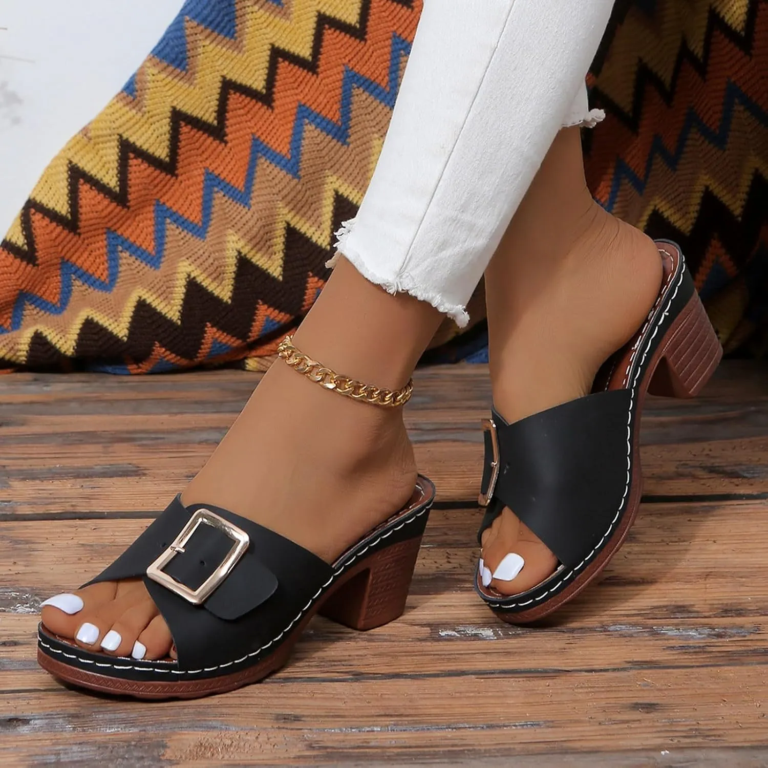 Sandals for Women 2025 Chunky Platform Mules Sandals Slip on Block Heels Square Toe High Heeled Dress Shoes
