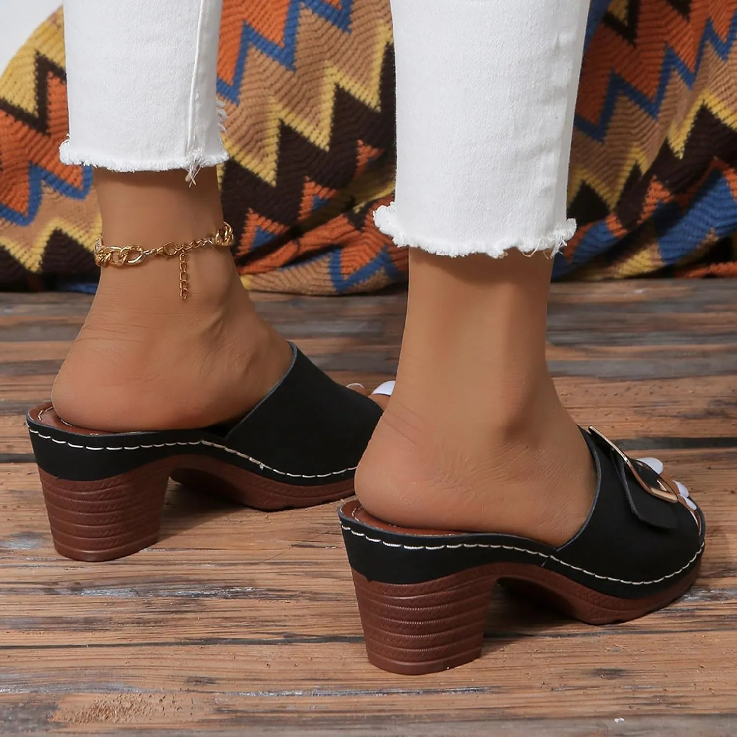 Sandals for Women 2025 Chunky Platform Mules Sandals Slip on Block Heels Square Toe High Heeled Dress Shoes