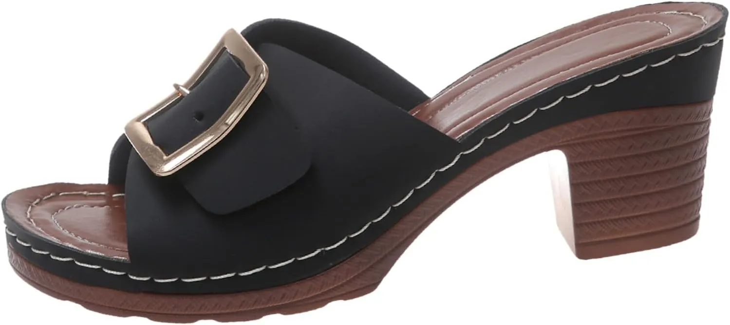 Sandals for Women 2025 Chunky Platform Mules Sandals Slip on Block Heels Square Toe High Heeled Dress Shoes