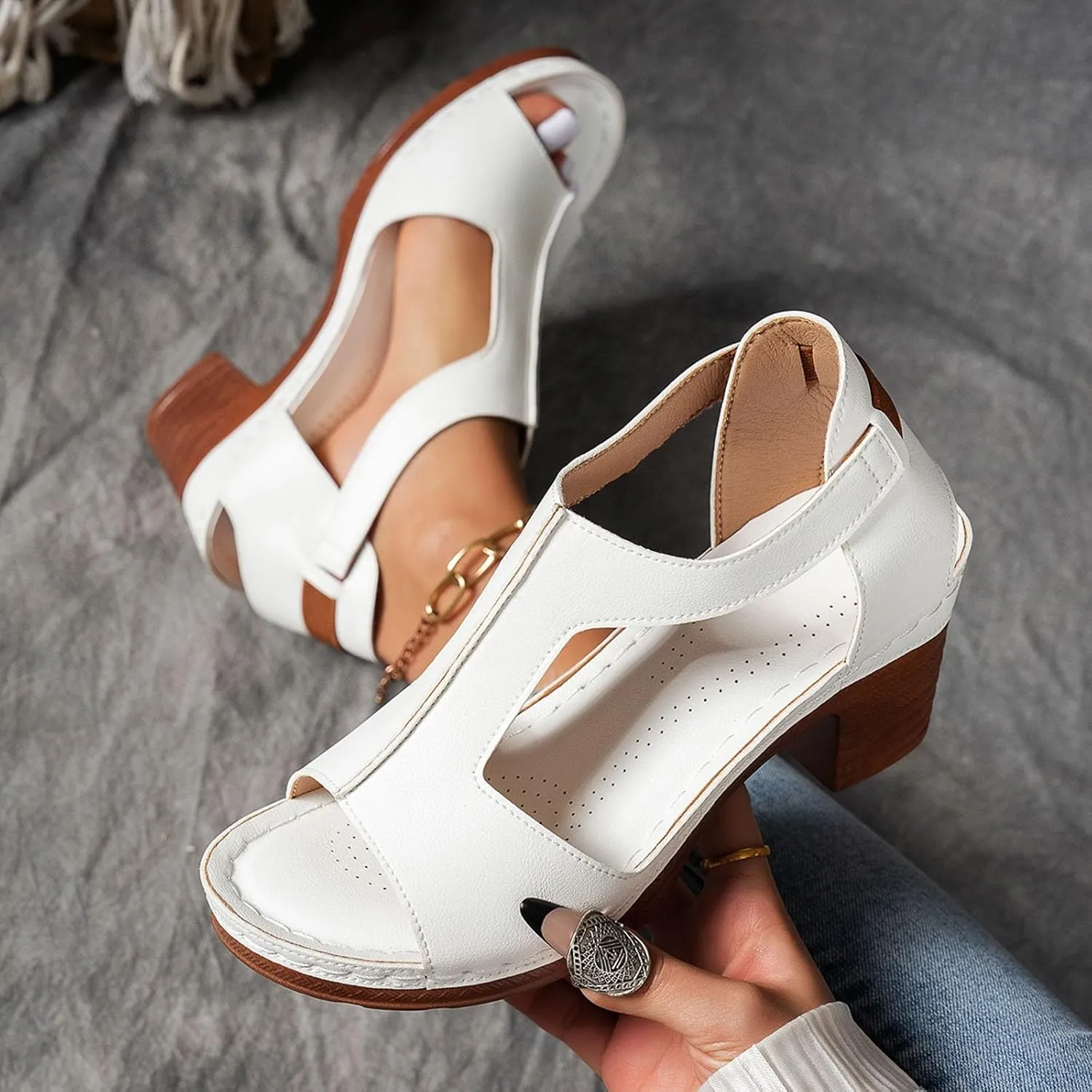 Sandals for Women Chunky Heel Ankle Strap Womens Wedge Sandals Casual Slip On Beach Open Toe Comfortable Summer Shoes