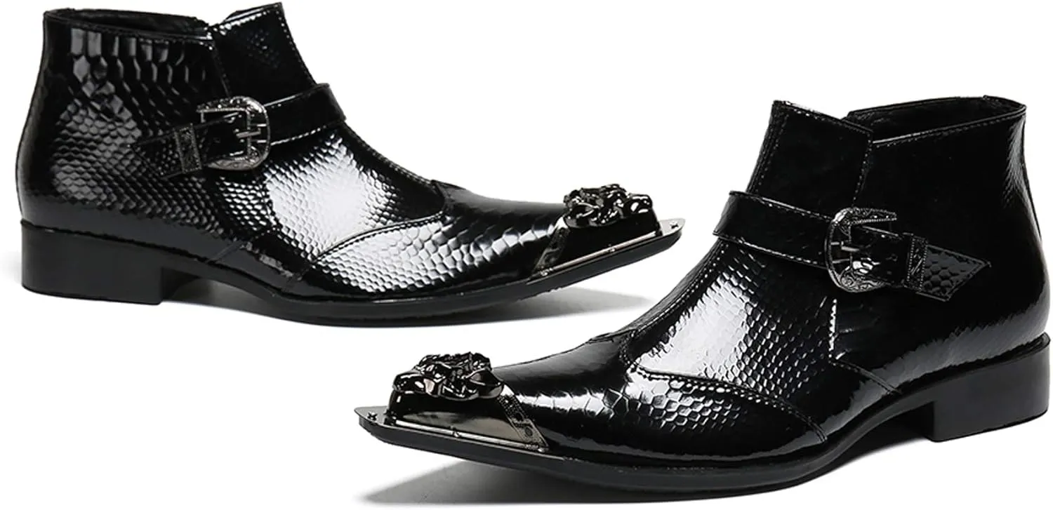 Santimon Mens Boots Patent Leather,Chelsea Boots Zipper on Side,Metal Tip Dress Boots for Men