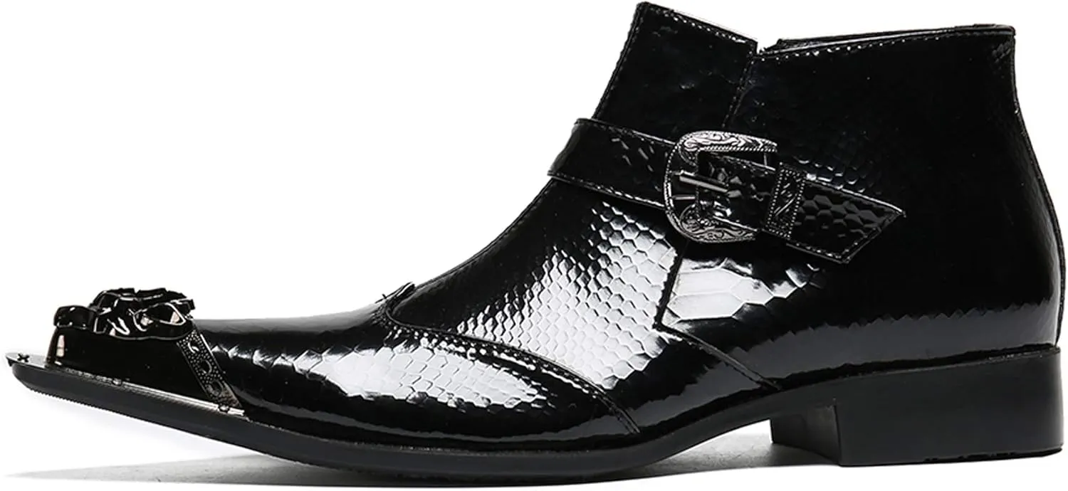 Santimon Mens Boots Patent Leather,Chelsea Boots Zipper on Side,Metal Tip Dress Boots for Men
