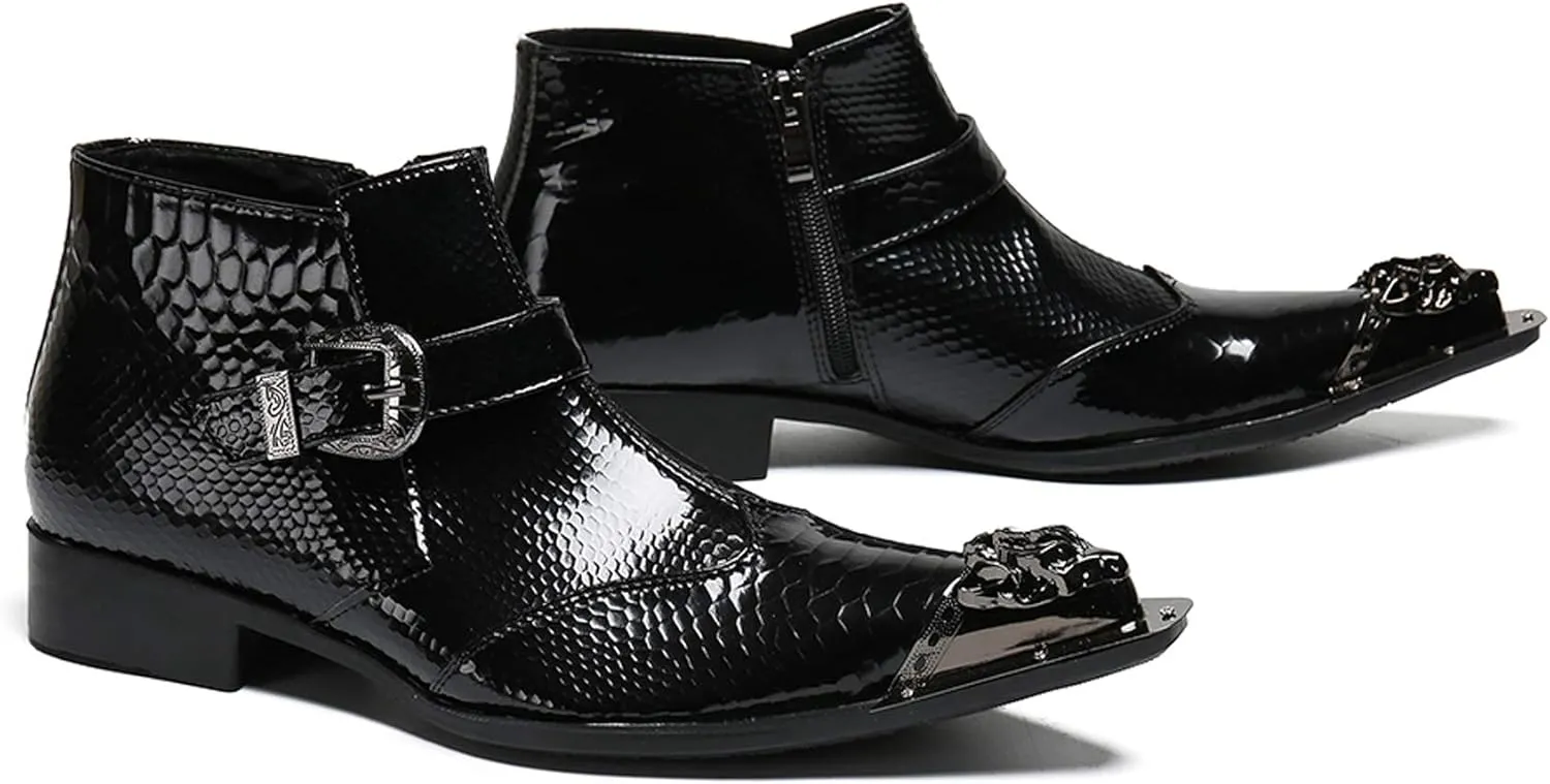 Santimon Mens Boots Patent Leather,Chelsea Boots Zipper on Side,Metal Tip Dress Boots for Men
