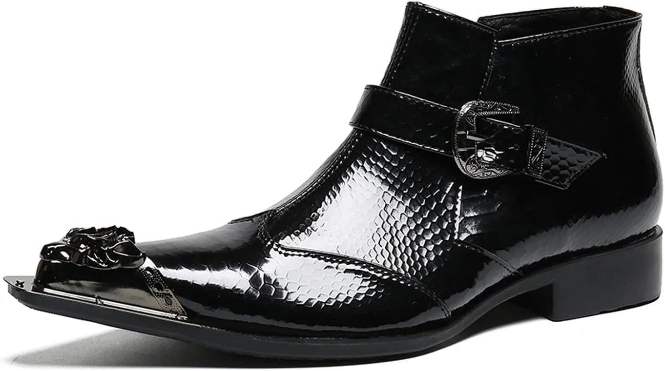 Santimon Mens Boots Patent Leather,Chelsea Boots Zipper on Side,Metal Tip Dress Boots for Men